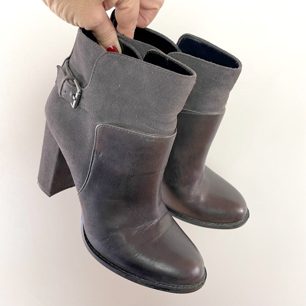 Nine West Suede Ankle Boots 6.5 Gray Block Heel Minimalist Quiet Luxury Office